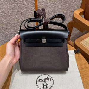 Hermes Mini Herbag Zip 20 Bag Retourne Dark Bronze Noir Handmade In Militaire Canvas and Hunter Cowhide Silver Hardware