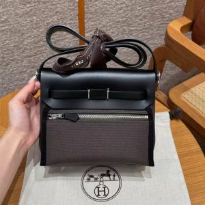 Hermes Mini Herbag Zip 20 Bag Retourne Dark Bronze Noir Handmade In Militaire Canvas and Hunter Cowhide Silver Hardware - Image 2