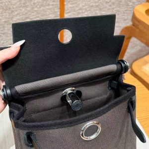 Hermes Mini Herbag Zip 20 Bag Retourne Dark Bronze Noir Handmade In Militaire Canvas and Hunter Cowhide Silver Hardware - Image 9
