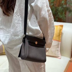 Hermes Mini Herbag Zip 20 Bag Retourne Dark Bronze Noir Handmade In Militaire Canvas and Hunter Cowhide Silver Hardware - Image 4
