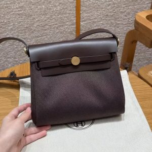 Hermes Mini Herbag Zip 20 Bag Retourne Ebene Handmade In Militaire Canvas and Hunter Cowhide Gold Hardware