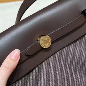 Hermes Mini Herbag Zip 20 Bag Retourne Ebene Handmade In Militaire Canvas and Hunter Cowhide Gold Hardware - Image 22