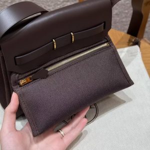 Hermes Mini Herbag Zip 20 Bag Retourne Ebene Handmade In Militaire Canvas and Hunter Cowhide Gold Hardware - Image 19