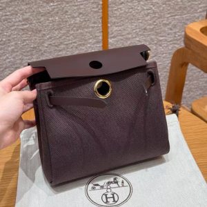 Hermes Mini Herbag Zip 20 Bag Retourne Ebene Handmade In Militaire Canvas and Hunter Cowhide Gold Hardware - Image 15