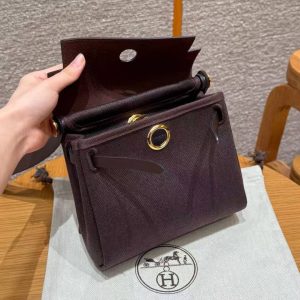 Hermes Mini Herbag Zip 20 Bag Retourne Ebene Handmade In Militaire Canvas and Hunter Cowhide Gold Hardware - Image 14