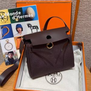 Hermes Mini Herbag Zip 20 Bag Retourne Ebene Handmade In Militaire Canvas and Hunter Cowhide Gold Hardware - Image 13