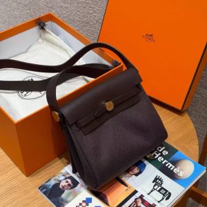 Hermes Mini Herbag Zip 20 Bag Retourne Ebene Handmade In Militaire Canvas and Hunter Cowhide Gold Hardware - Image 5