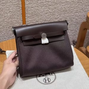 Hermes Mini Herbag Zip 20 Bag Retourne Ebene Handmade In Militaire Canvas and Hunter Cowhide Silver Hardware