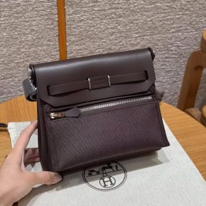Hermes Mini Herbag Zip 20 Bag Retourne Ebene Handmade In Militaire Canvas and Hunter Cowhide Silver Hardware - Image 2