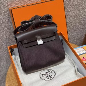 Hermes Mini Herbag Zip 20 Bag Retourne Ebene Handmade In Militaire Canvas and Hunter Cowhide Silver Hardware - Image 12