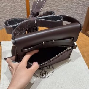 Hermes Mini Herbag Zip 20 Bag Retourne Ebene Handmade In Militaire Canvas and Hunter Cowhide Silver Hardware - Image 8