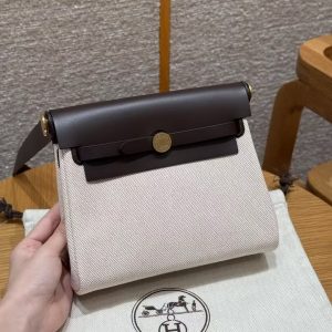 Hermes Mini Herbag Zip 20 Bag Retourne Ecru Beige Ebene Handmade In Militaire Canvas and Hunter Cowhide Gold Hardware