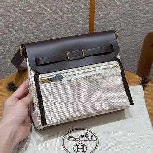 Hermes Mini Herbag Zip 20 Bag Retourne Ecru Beige Ebene Handmade In Militaire Canvas and Hunter Cowhide Gold Hardware - Image 2