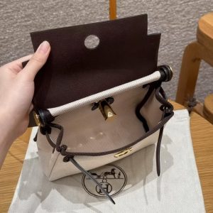 Hermes Mini Herbag Zip 20 Bag Retourne Ecru Beige Ebene Handmade In Militaire Canvas and Hunter Cowhide Gold Hardware - Image 25