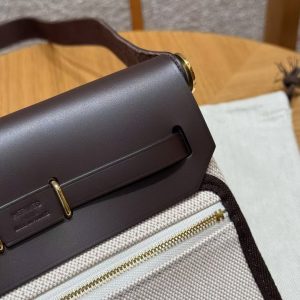 Hermes Mini Herbag Zip 20 Bag Retourne Ecru Beige Ebene Handmade In Militaire Canvas and Hunter Cowhide Gold Hardware - Image 19