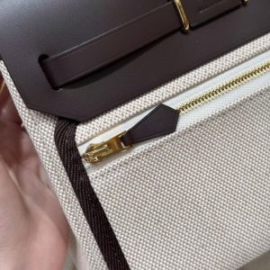 Hermes Mini Herbag Zip 20 Bag Retourne Ecru Beige Ebene Handmade In Militaire Canvas and Hunter Cowhide Gold Hardware - Image 17