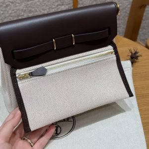 Hermes Mini Herbag Zip 20 Bag Retourne Ecru Beige Ebene Handmade In Militaire Canvas and Hunter Cowhide Gold Hardware - Image 16