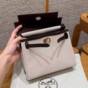 Hermes Mini Herbag Zip 20 Bag Retourne Ecru Beige Ebene Handmade In Militaire Canvas and Hunter Cowhide Gold Hardware - Image 14