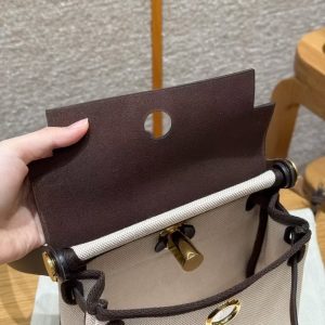 Hermes Mini Herbag Zip 20 Bag Retourne Ecru Beige Ebene Handmade In Militaire Canvas and Hunter Cowhide Gold Hardware - Image 8