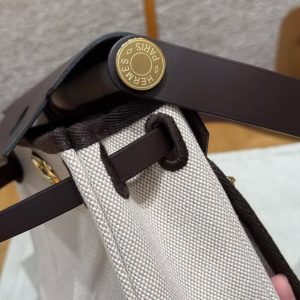 Hermes Mini Herbag Zip 20 Bag Retourne Ecru Beige Ebene Handmade In Militaire Canvas and Hunter Cowhide Gold Hardware - Image 6