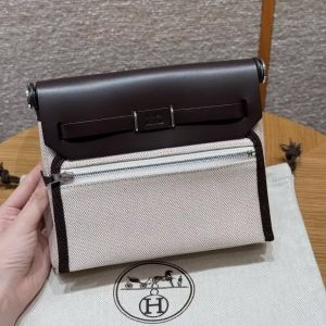 Hermes Mini Herbag Zip 20 Bag Retourne Ecru Beige Ebene Handmade In Militaire Canvas and Hunter Cowhide Silver Hardware - Image 2