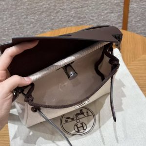 Hermes Mini Herbag Zip 20 Bag Retourne Ecru Beige Ebene Handmade In Militaire Canvas and Hunter Cowhide Silver Hardware - Image 24