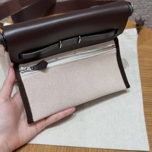 Hermes Mini Herbag Zip 20 Bag Retourne Ecru Beige Ebene Handmade In Militaire Canvas and Hunter Cowhide Silver Hardware - Image 15
