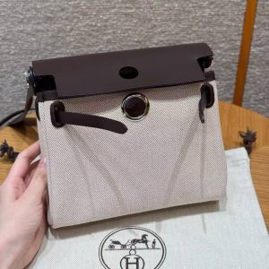 Hermes Mini Herbag Zip 20 Bag Retourne Ecru Beige Ebene Handmade In Militaire Canvas and Hunter Cowhide Silver Hardware - Image 13