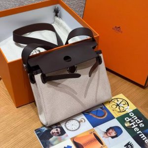 Hermes Mini Herbag Zip 20 Bag Retourne Ecru Beige Ebene Handmade In Militaire Canvas and Hunter Cowhide Silver Hardware - Image 12