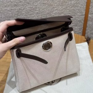 Hermes Mini Herbag Zip 20 Bag Retourne Ecru Beige Ebene Handmade In Militaire Canvas and Hunter Cowhide Silver Hardware - Image 11