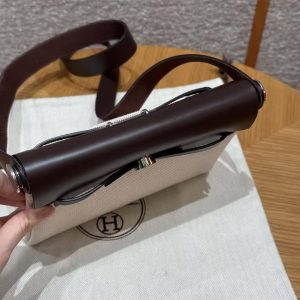 Hermes Mini Herbag Zip 20 Bag Retourne Ecru Beige Ebene Handmade In Militaire Canvas and Hunter Cowhide Silver Hardware - Image 7
