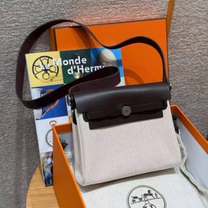 Hermes Mini Herbag Zip 20 Bag Retourne Ecru Beige Ebene Handmade In Militaire Canvas and Hunter Cowhide Silver Hardware - Image 5