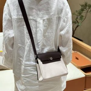 Hermes Mini Herbag Zip 20 Bag Retourne Ecru Beige Ebene Handmade In Militaire Canvas and Hunter Cowhide Silver Hardware - Image 4