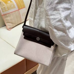 Hermes Mini Herbag Zip 20 Bag Retourne Ecru Beige Ebene Handmade In Militaire Canvas and Hunter Cowhide Silver Hardware - Image 3