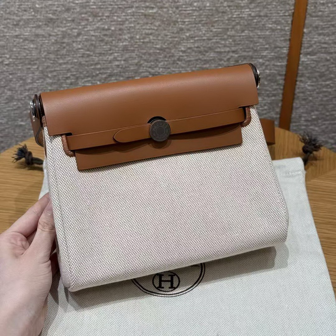 Hermes Mini Herbag Zip 20 Bag Retourne Ecru Beige Fauve Handmade In Militaire Canvas and Hunter Cowhide Silver Hardware