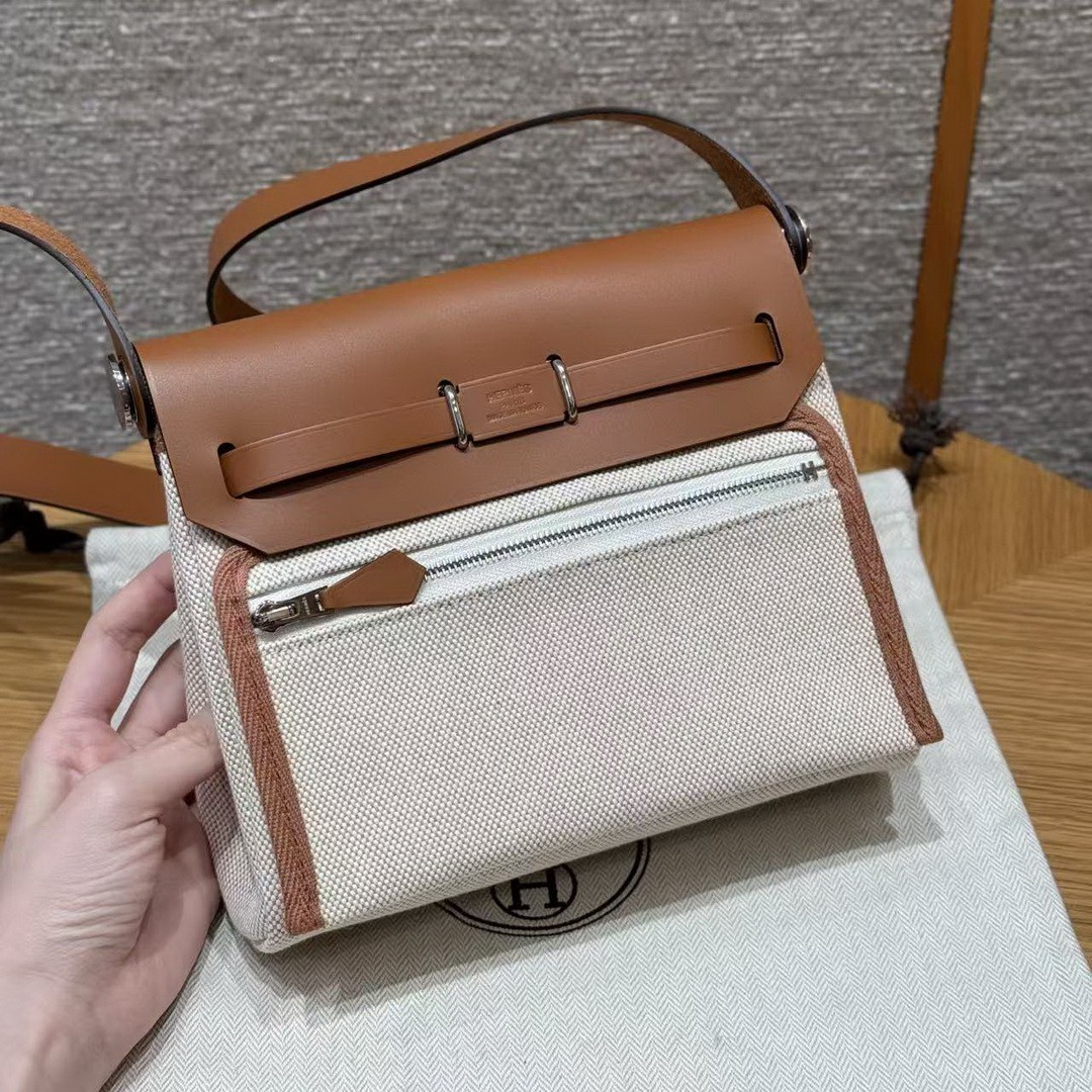 Hermes Mini Herbag Zip 20 Bag Retourne Ecru Beige Fauve Handmade In Militaire Canvas and Hunter Cowhide Silver Hardware - Image 2