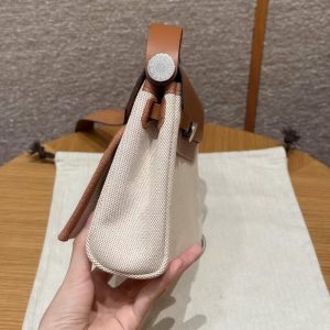 Hermes Mini Herbag Zip 20 Bag Retourne Ecru Beige Fauve Handmade In Militaire Canvas and Hunter Cowhide Silver Hardware - Image 28
