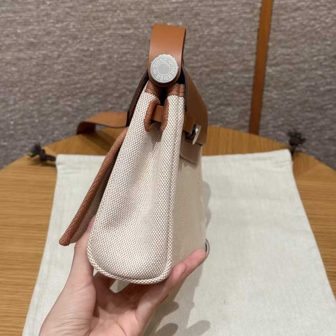 Hermes Mini Herbag Zip 20 Bag Retourne Ecru Beige Fauve Handmade In Militaire Canvas and Hunter Cowhide Silver Hardware - Image 28