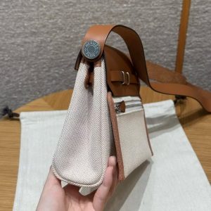 Hermes Mini Herbag Zip 20 Bag Retourne Ecru Beige Fauve Handmade In Militaire Canvas and Hunter Cowhide Silver Hardware - Image 27
