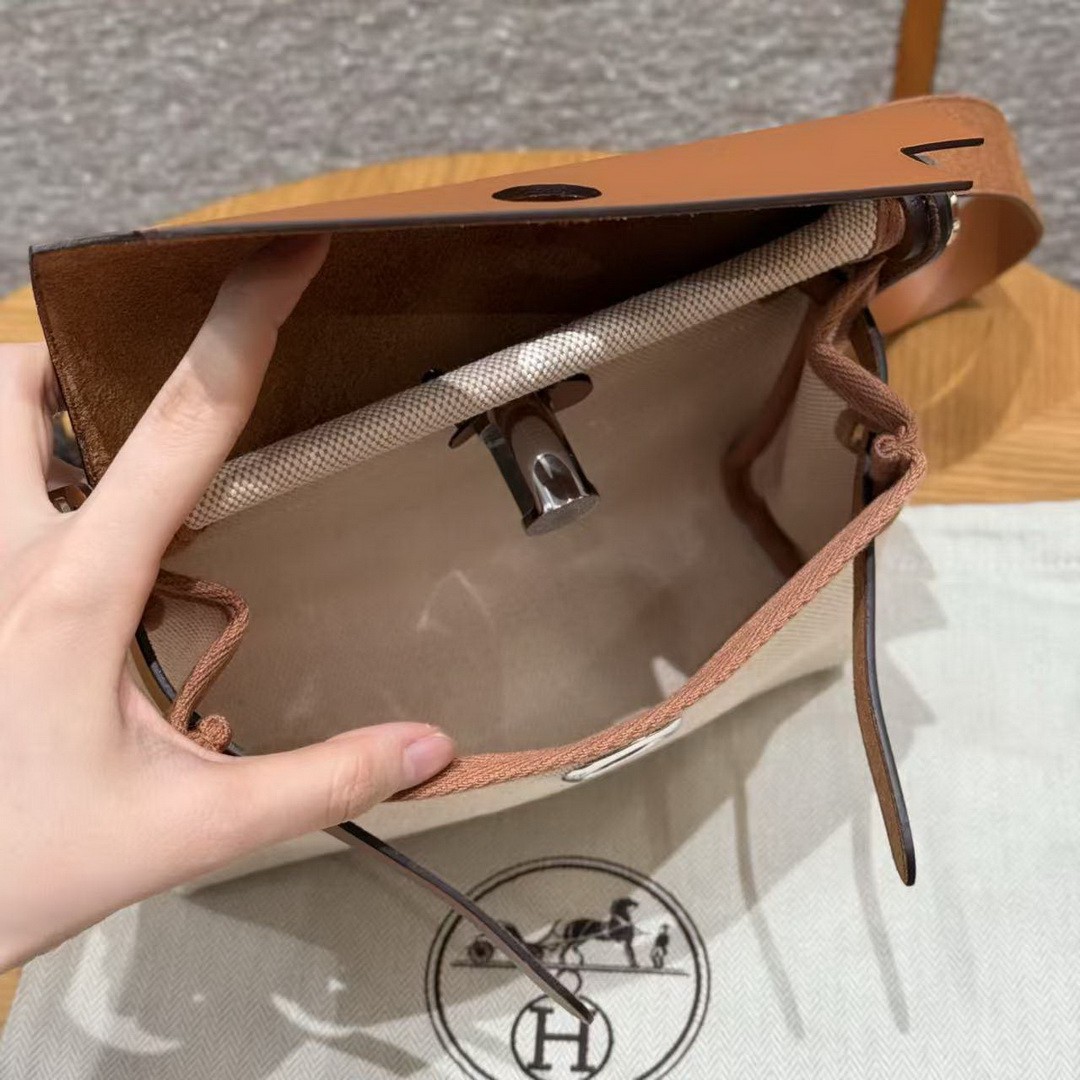 Hermes Mini Herbag Zip 20 Bag Retourne Ecru Beige Fauve Handmade In Militaire Canvas and Hunter Cowhide Silver Hardware - Image 25