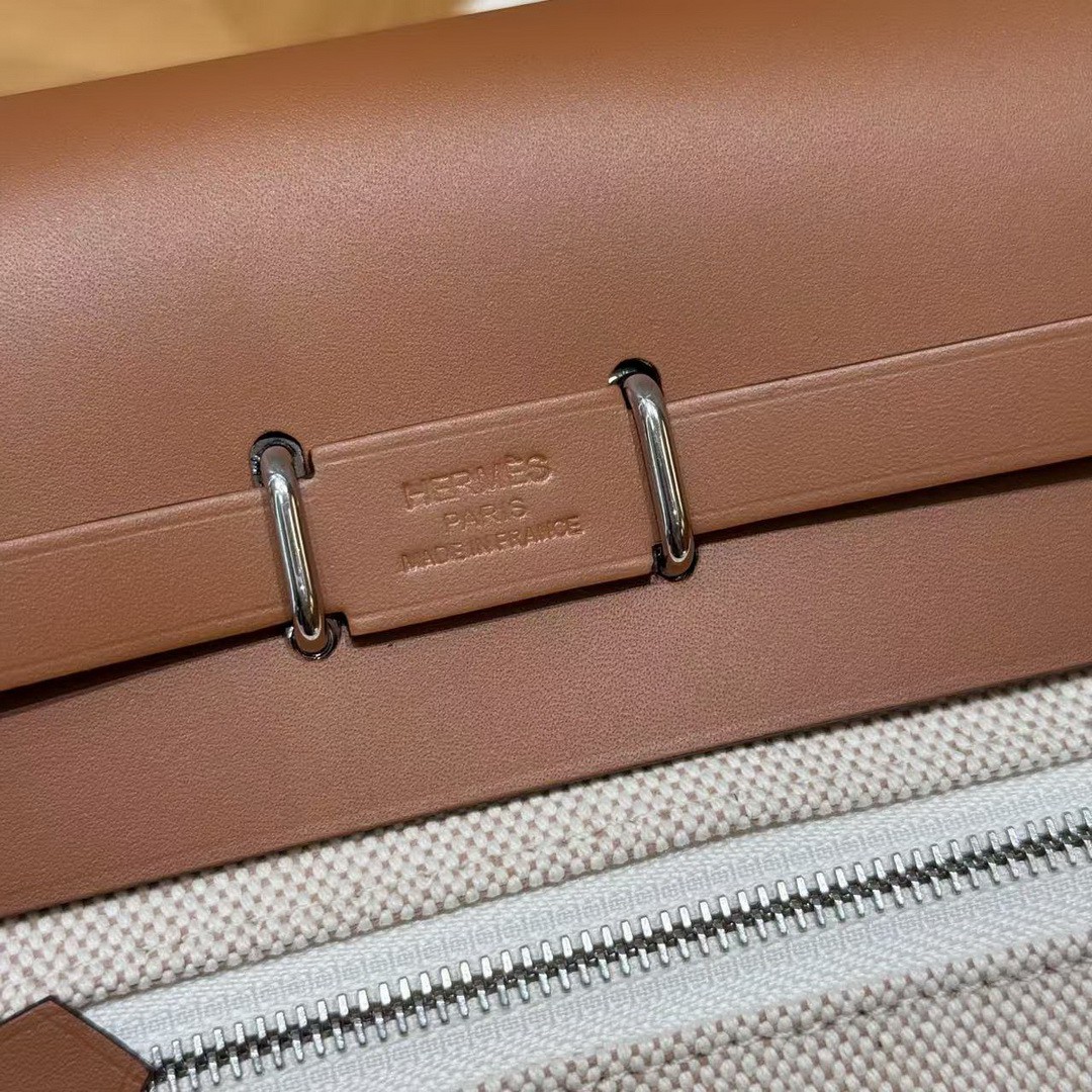 Hermes Mini Herbag Zip 20 Bag Retourne Ecru Beige Fauve Handmade In Militaire Canvas and Hunter Cowhide Silver Hardware - Image 24