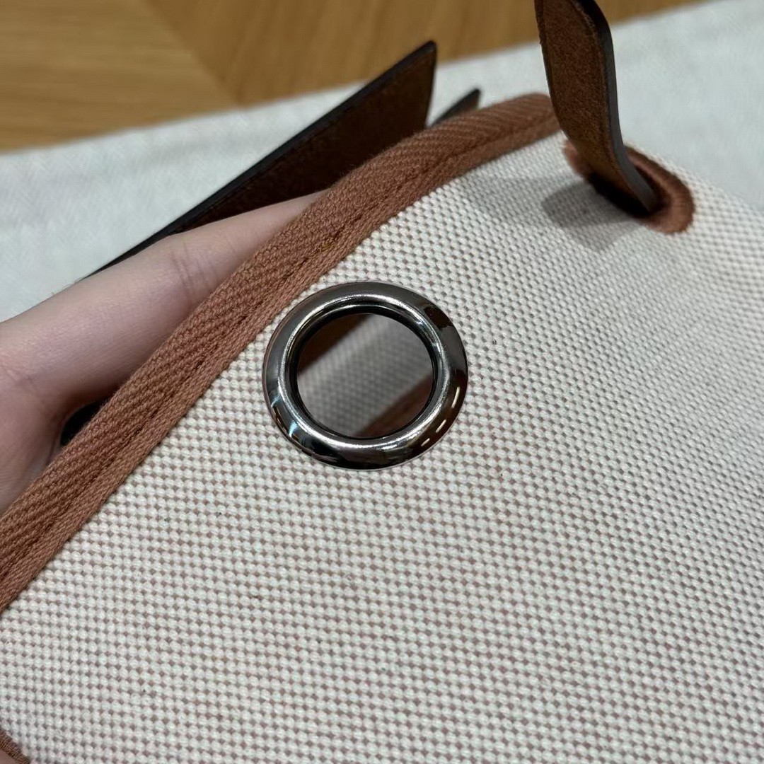 Hermes Mini Herbag Zip 20 Bag Retourne Ecru Beige Fauve Handmade In Militaire Canvas and Hunter Cowhide Silver Hardware - Image 21