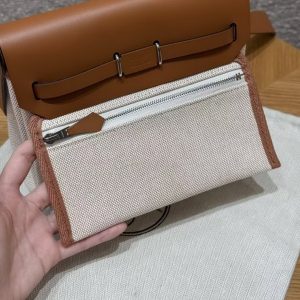 Hermes Mini Herbag Zip 20 Bag Retourne Ecru Beige Fauve Handmade In Militaire Canvas and Hunter Cowhide Silver Hardware - Image 20