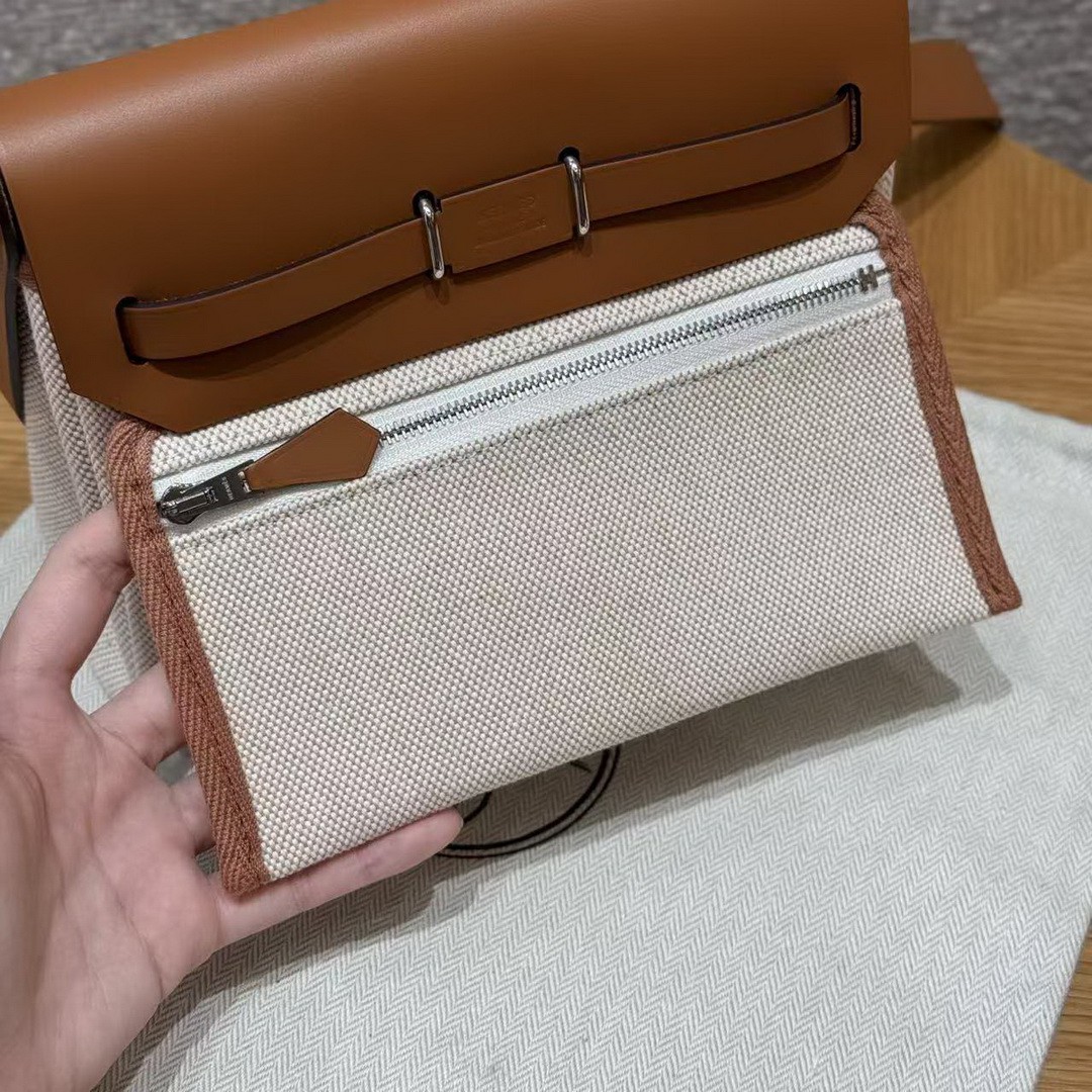 Hermes Mini Herbag Zip 20 Bag Retourne Ecru Beige Fauve Handmade In Militaire Canvas and Hunter Cowhide Silver Hardware - Image 20