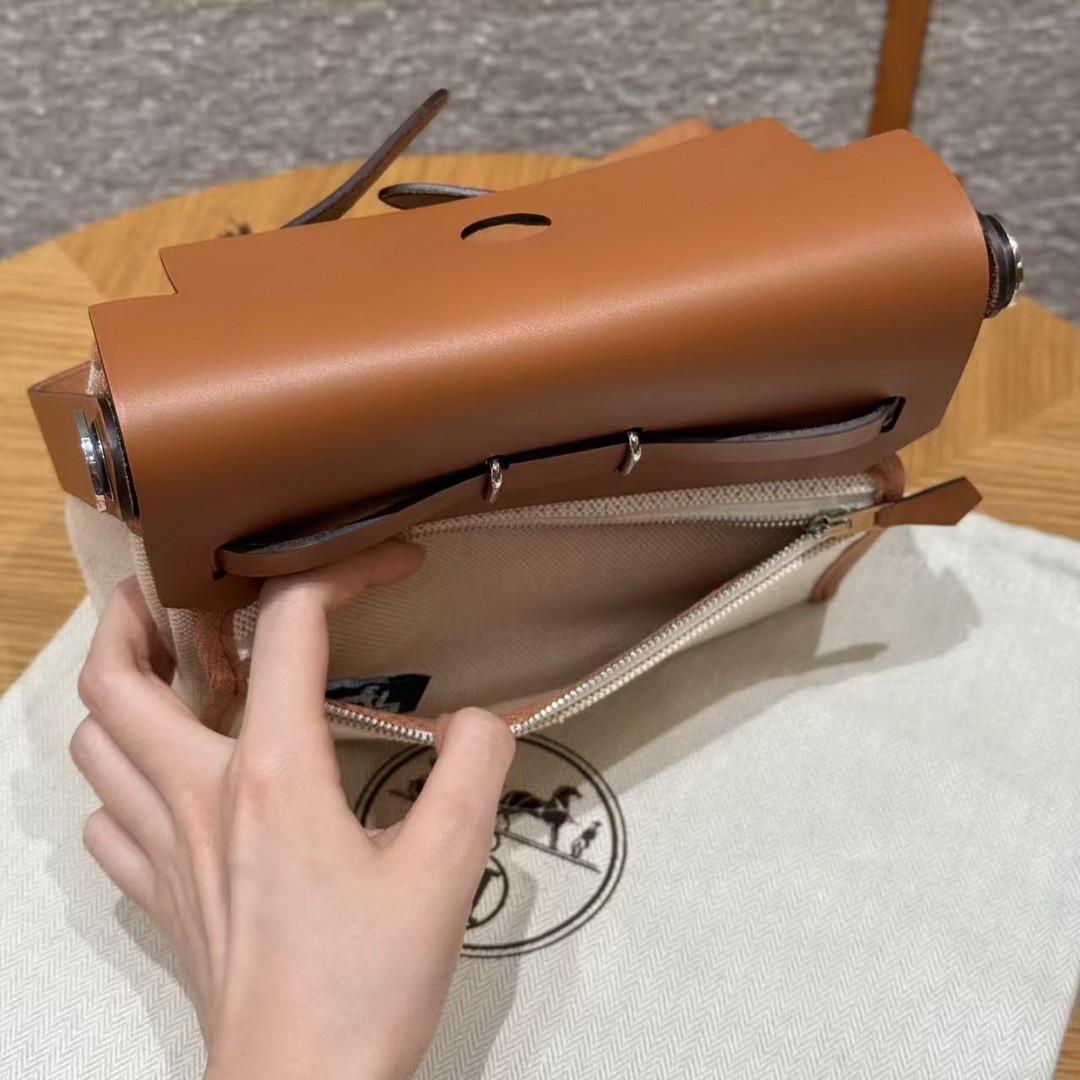 Hermes Mini Herbag Zip 20 Bag Retourne Ecru Beige Fauve Handmade In Militaire Canvas and Hunter Cowhide Silver Hardware - Image 19
