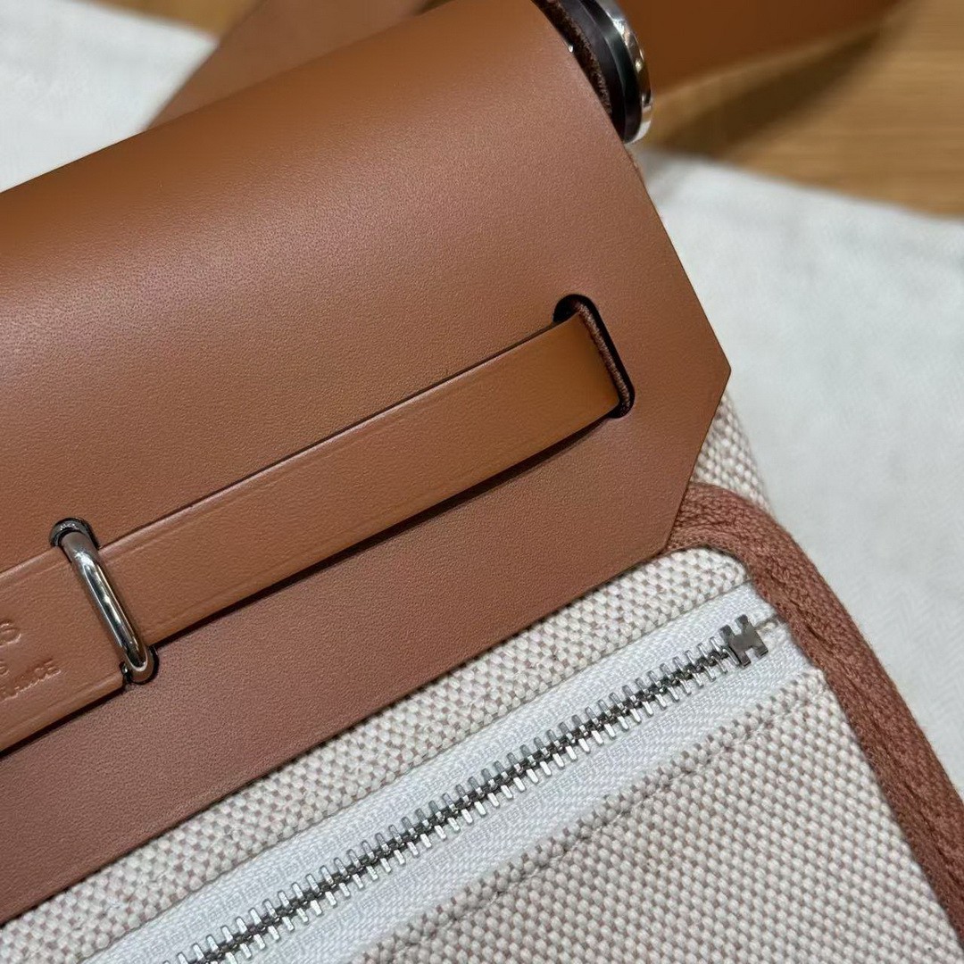 Hermes Mini Herbag Zip 20 Bag Retourne Ecru Beige Fauve Handmade In Militaire Canvas and Hunter Cowhide Silver Hardware - Image 18