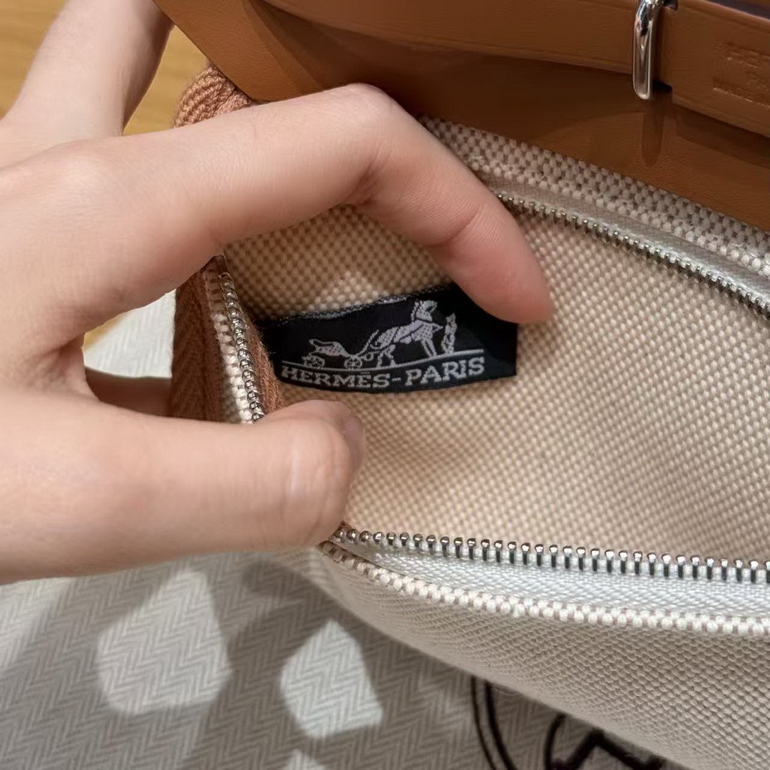 Hermes Mini Herbag Zip 20 Bag Retourne Ecru Beige Fauve Handmade In Militaire Canvas and Hunter Cowhide Silver Hardware - Image 17