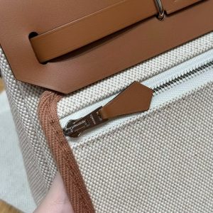 Hermes Mini Herbag Zip 20 Bag Retourne Ecru Beige Fauve Handmade In Militaire Canvas and Hunter Cowhide Silver Hardware - Image 16