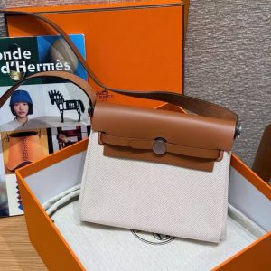 Hermes Mini Herbag Zip 20 Bag Retourne Ecru Beige Fauve Handmade In Militaire Canvas and Hunter Cowhide Silver Hardware - Image 14