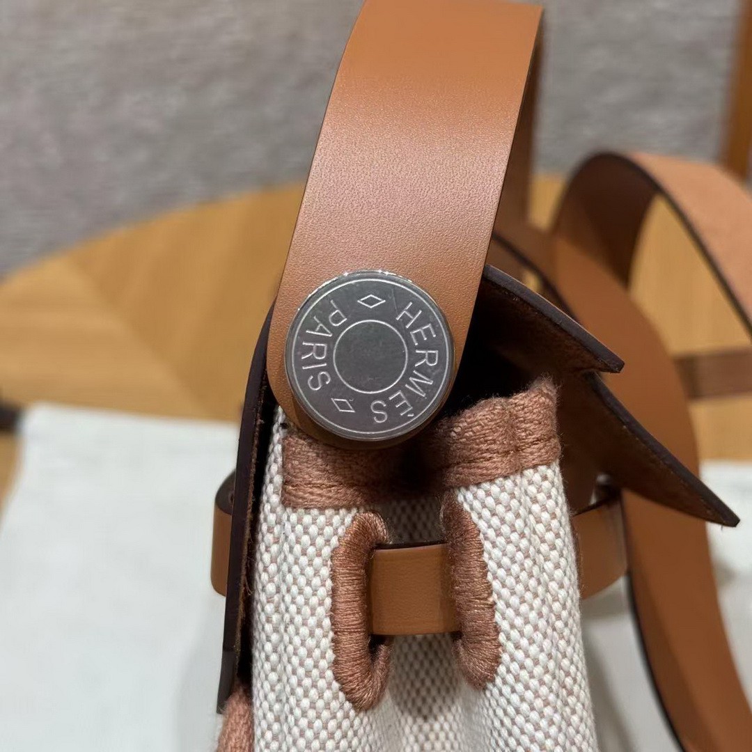 Hermes Mini Herbag Zip 20 Bag Retourne Ecru Beige Fauve Handmade In Militaire Canvas and Hunter Cowhide Silver Hardware - Image 11